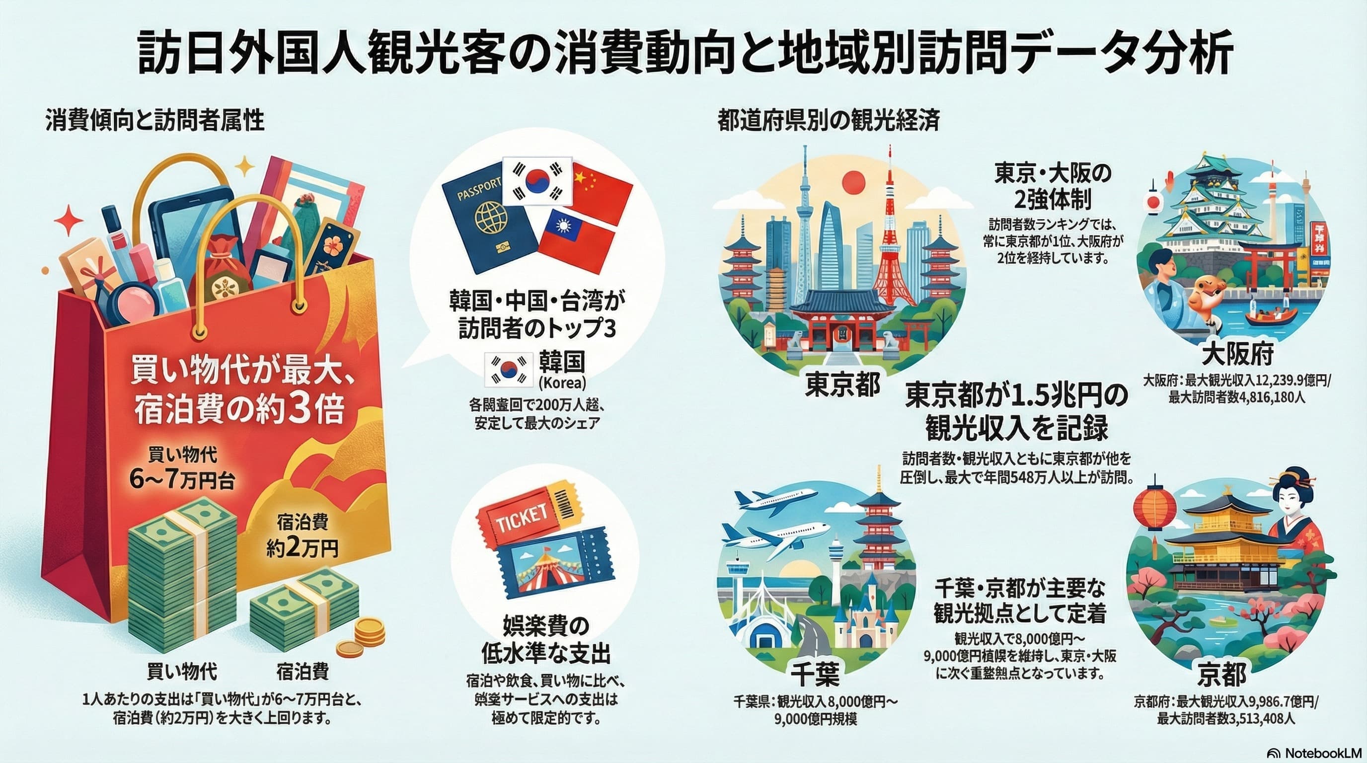 NotebookLM出力例:訪日外国人観光客の消費動向と地域別訪問データ分析インフォグラフィック