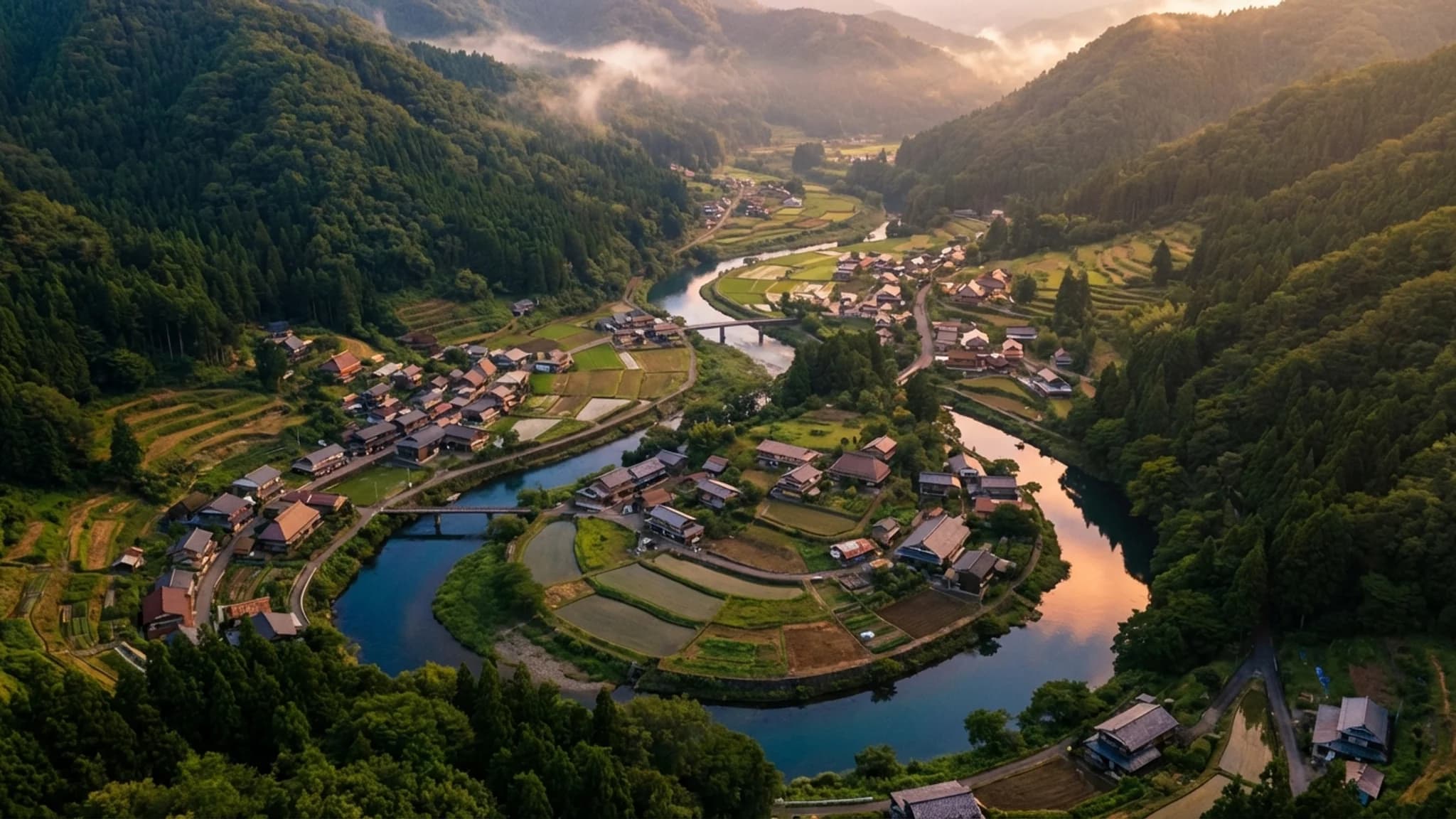 地域全体を見渡す伴走型データ支援のイメージ - 山間の谷に沿って繋がる町々